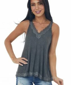 POL Clothing Charcoal Washed Lace Trim Knit Cami Top Tops