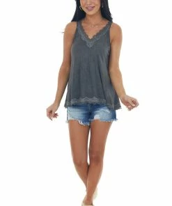 POL Clothing Charcoal Washed Lace Trim Knit Cami Top Tops 9 POL Clothing Charcoal Washed Lace Trim Knit Cami Top Tops