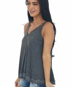 POL Clothing Charcoal Washed Lace Trim Knit Cami Top Tops 11 POL Clothing Charcoal Washed Lace Trim Knit Cami Top Tops