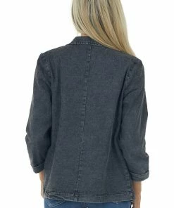 BiBi Outerwear Charcoal Washed Lapel Open Front Denim Blazer