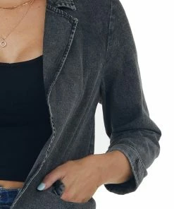 BiBi Outerwear Charcoal Washed Lapel Open Front Denim Blazer