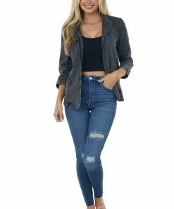BiBi Outerwear Charcoal Washed Lapel Open Front Denim Blazer