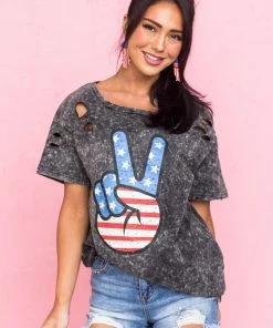 BiBi Charcoal Washed Americana Peace Sign Graphic Top