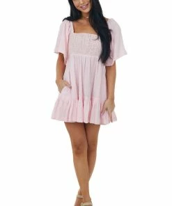 Davi & Dani Cherry Blossom Smocked Back Tie Woven Mini Dress Dresses