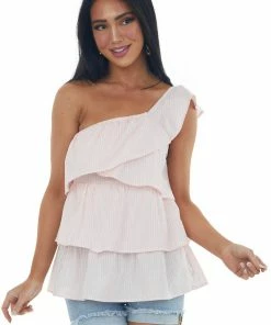 BiBi Cherry Blossom Striped Ruffle One Shoulder Top