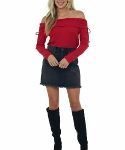 BiBi Cherry Folded Off The Shoulder Ribbed Top Tops