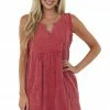 Umgee Cherry Mineral Wash Notch Neck Sleeveless Dress Dresses