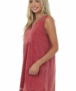 Umgee Cherry Mineral Wash Notch Neck Sleeveless Dress Dresses 11 Umgee Cherry Mineral Wash Notch Neck Sleeveless Dress Dresses