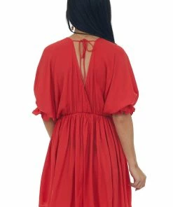 Glam Cherry Plunging Neck Balloon Sleeve Dress 12 Glam Cherry Plunging Neck Balloon Sleeve Dress