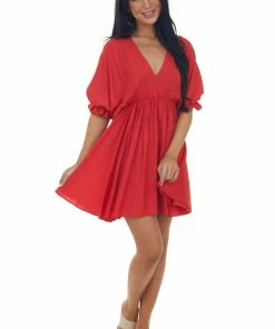 Glam Cherry Plunging Neck Balloon Sleeve Dress 10 Glam Cherry Plunging Neck Balloon Sleeve Dress