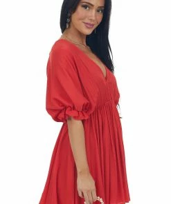 Glam Cherry Plunging Neck Balloon Sleeve Dress 11 Glam Cherry Plunging Neck Balloon Sleeve Dress