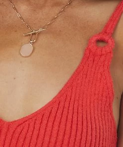 Very J Cherry Ring Strap V Neck Ribbed Knit Tank Top Tops