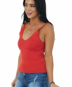 Very J Cherry Ring Strap V Neck Ribbed Knit Tank Top Tops