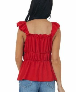 SugarFox Cherry Ruffle Strap Elastic Waist Peplum Top Tops 16 SugarFox Cherry Ruffle Strap Elastic Waist Peplum Top Tops