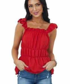 SugarFox Cherry Ruffle Strap Elastic Waist Peplum Top Tops 12 SugarFox Cherry Ruffle Strap Elastic Waist Peplum Top Tops