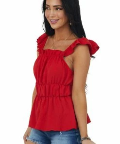 SugarFox Cherry Ruffle Strap Elastic Waist Peplum Top Tops 15 SugarFox Cherry Ruffle Strap Elastic Waist Peplum Top Tops