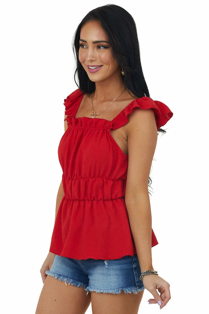 SugarFox Cherry Ruffle Strap Elastic Waist Peplum Top Tops 8 SugarFox Cherry Ruffle Strap Elastic Waist Peplum Top Tops
