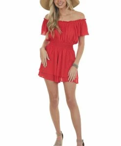 Eesome Cherry Swiss Dot Off Shoulder Smocked Romper Dresses