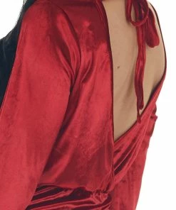 Main Strip Dresses Cherry Velvet Mini Dress With Surplice Back And Tie Detail