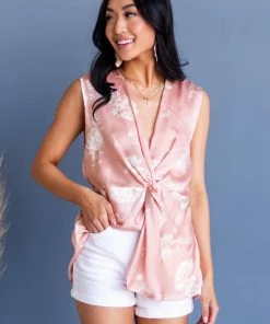 Vanilla Bay Cherry Blossom Floral Front Twist Woven Tank