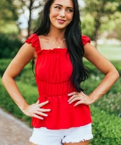 SugarFox Cherry Ruffle Strap Elastic Waist Peplum Top Tops