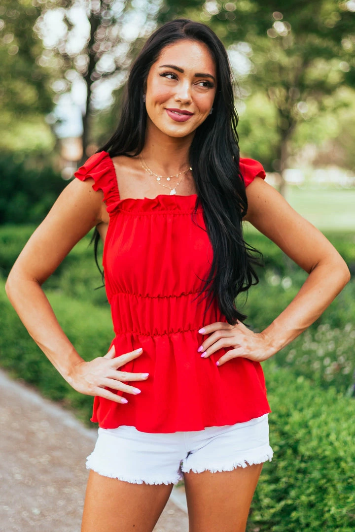 SugarFox Cherry Ruffle Strap Elastic Waist Peplum Top Tops 4 SugarFox Cherry Ruffle Strap Elastic Waist Peplum Top Tops