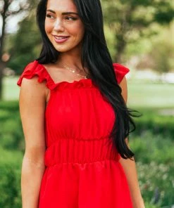 SugarFox Cherry Ruffle Strap Elastic Waist Peplum Top Tops