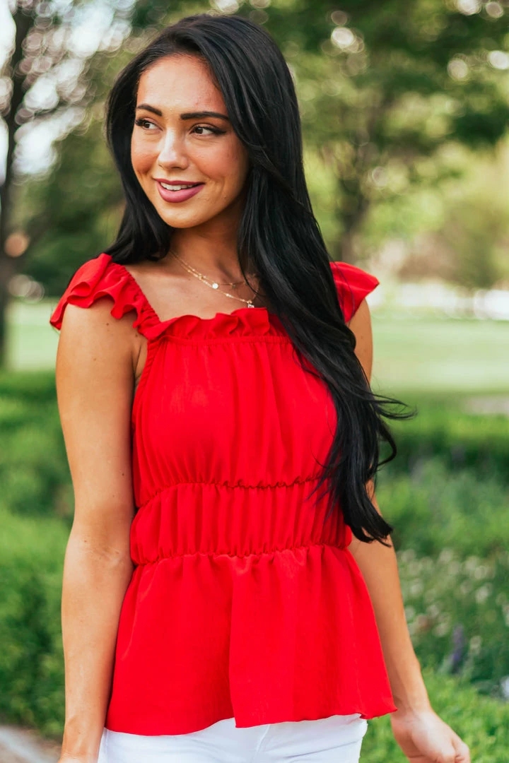 SugarFox Cherry Ruffle Strap Elastic Waist Peplum Top Tops 3 SugarFox Cherry Ruffle Strap Elastic Waist Peplum Top Tops