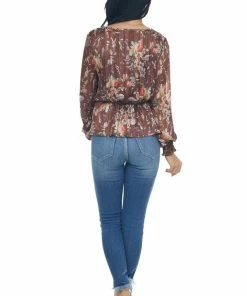 Peach Love Tops Chestnut Floral Print Surplice Peplum Blouse