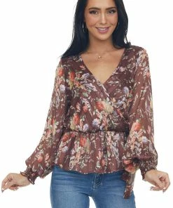 Peach Love Tops Chestnut Floral Print Surplice Peplum Blouse