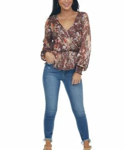 Peach Love Tops Chestnut Floral Print Surplice Peplum Blouse
