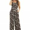 Sadie & Sage Chocolate Floral Print High Neck Jumpsuit With Side Pockets