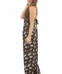 Sadie & Sage Chocolate Floral Print High Neck Jumpsuit With Side Pockets