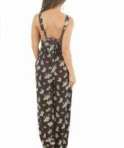 Sadie & Sage Chocolate Floral Print High Neck Jumpsuit With Side Pockets