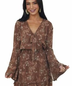 Peach Love Dresses Chocolate Floral Print Long Sleeve Mini Dress With Surplice