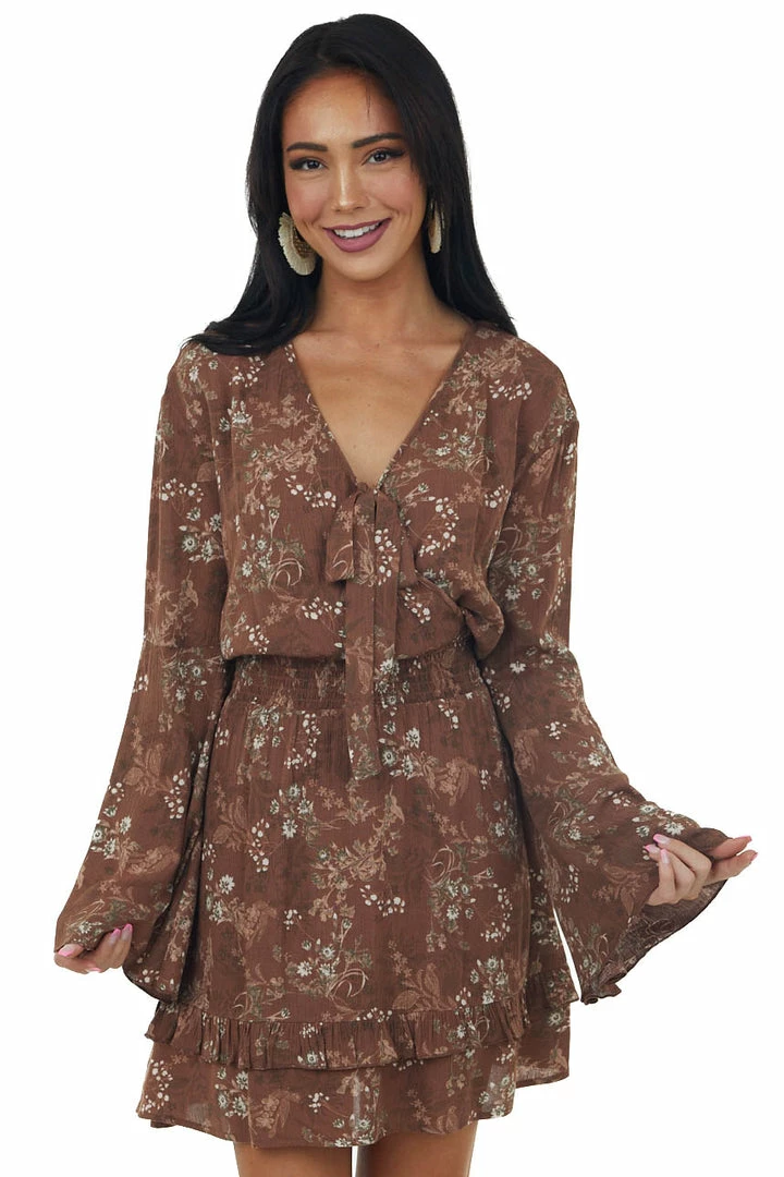 Peach Love Dresses Chocolate Floral Print Long Sleeve Mini Dress With Surplice 3 Peach Love Dresses Chocolate Floral Print Long Sleeve Mini Dress With Surplice