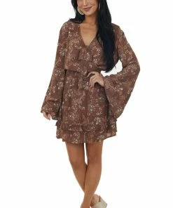 Peach Love Dresses Chocolate Floral Print Long Sleeve Mini Dress With Surplice 11 Peach Love Dresses Chocolate Floral Print Long Sleeve Mini Dress With Surplice