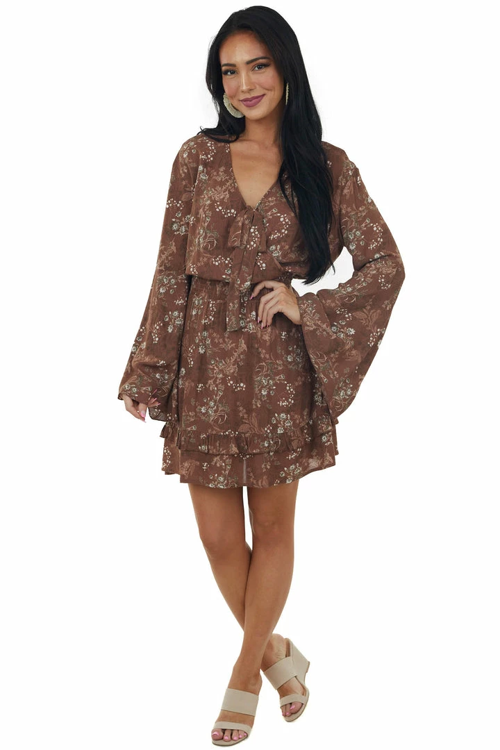 Peach Love Dresses Chocolate Floral Print Long Sleeve Mini Dress With Surplice 5 Peach Love Dresses Chocolate Floral Print Long Sleeve Mini Dress With Surplice