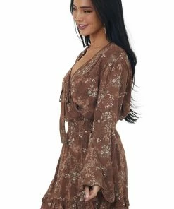 Peach Love Dresses Chocolate Floral Print Long Sleeve Mini Dress With Surplice 12 Peach Love Dresses Chocolate Floral Print Long Sleeve Mini Dress With Surplice