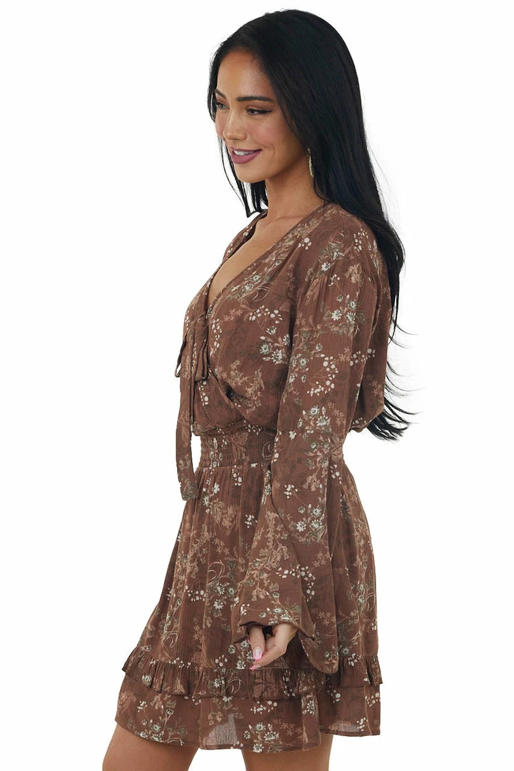 Peach Love Dresses Chocolate Floral Print Long Sleeve Mini Dress With Surplice 6 Peach Love Dresses Chocolate Floral Print Long Sleeve Mini Dress With Surplice