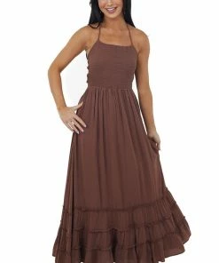 IN LOOM Dresses Chocolate Smocked Strappy Back Halter Maxi Dress