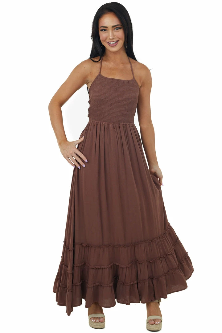 IN LOOM Dresses Chocolate Smocked Strappy Back Halter Maxi Dress 3 IN LOOM Dresses Chocolate Smocked Strappy Back Halter Maxi Dress