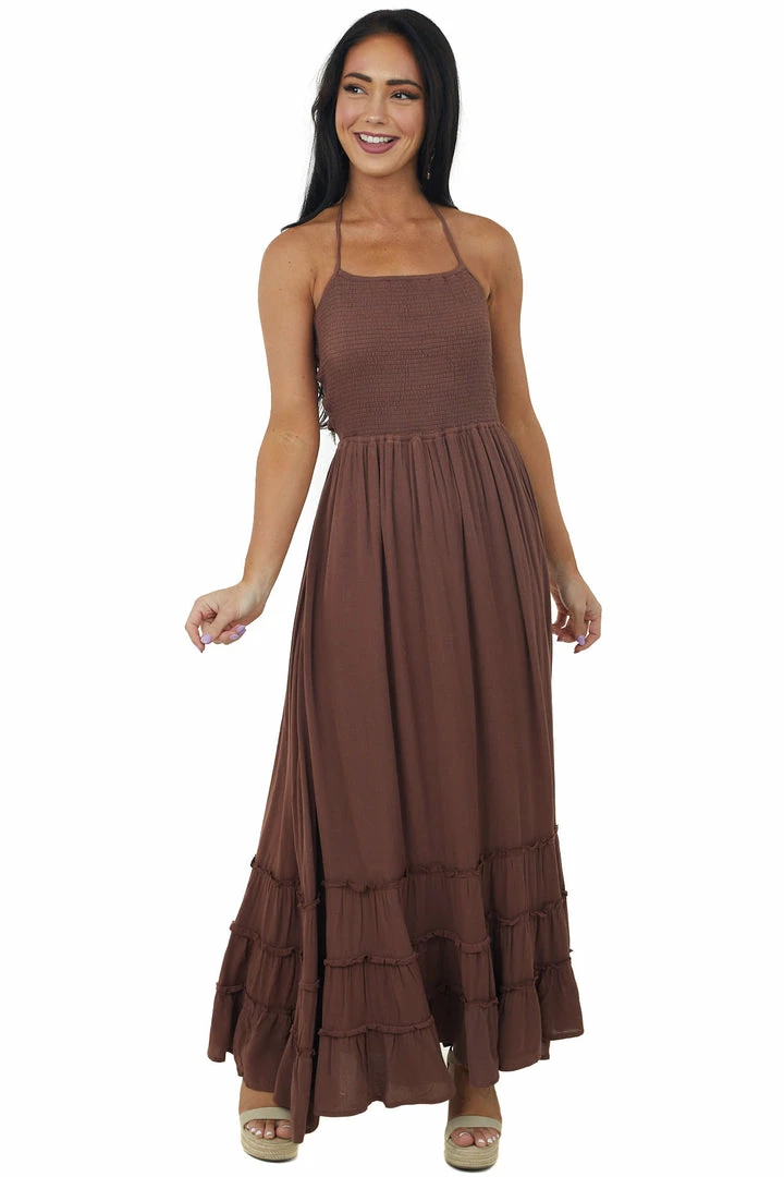 IN LOOM Dresses Chocolate Smocked Strappy Back Halter Maxi Dress 4 IN LOOM Dresses Chocolate Smocked Strappy Back Halter Maxi Dress