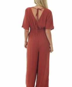 She + Sky Cinnamon Short Sleeve Smocked Waist Jumpsuit Dresses
