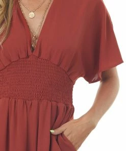 She + Sky Cinnamon Short Sleeve Smocked Waist Jumpsuit Dresses