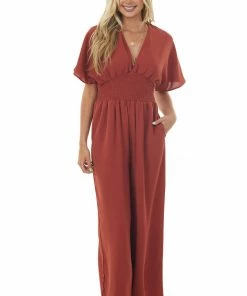 She + Sky Cinnamon Short Sleeve Smocked Waist Jumpsuit Dresses