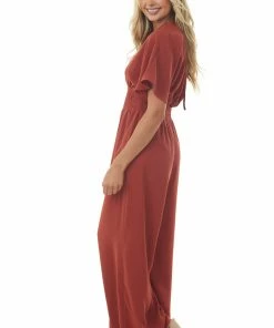 She + Sky Cinnamon Short Sleeve Smocked Waist Jumpsuit Dresses