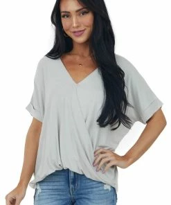 HYFVE Cloud Grey Surplice Bubble Hem Loose Fit Top
