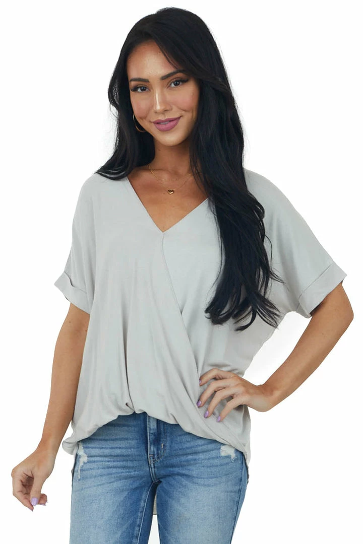 HYFVE Cloud Grey Surplice Bubble Hem Loose Fit Top 3 HYFVE Cloud Grey Surplice Bubble Hem Loose Fit Top