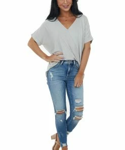 HYFVE Cloud Grey Surplice Bubble Hem Loose Fit Top 10 HYFVE Cloud Grey Surplice Bubble Hem Loose Fit Top